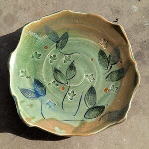 Studio Art Pottery Plat crackle glaze Green Brown Signed Jennifer M